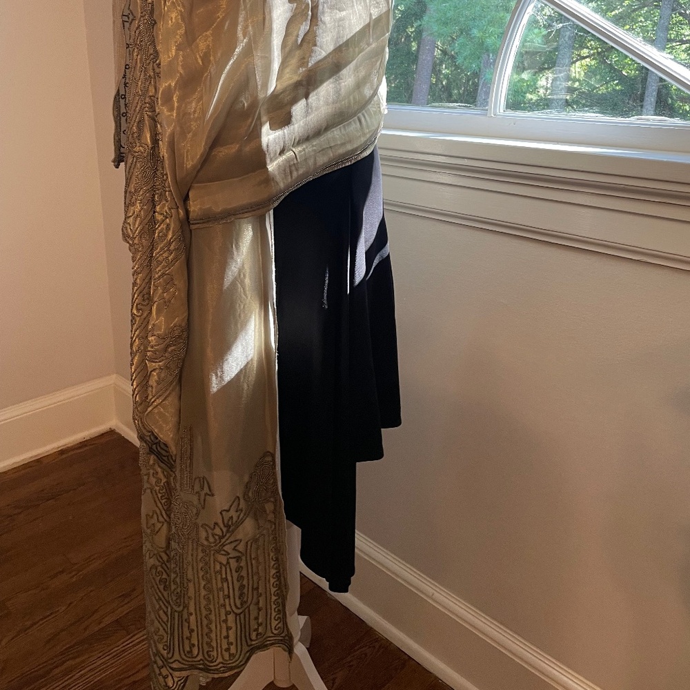 London Designer Eavis & Brown Golden/Beaded 100% Pure Silk Shawl 8'X28" Gorgeous